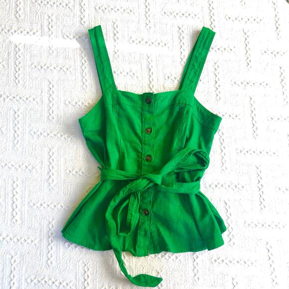 Who What Wear Linen-Blend Peplum Tank Top Belted Button-Front Green S Cottage - Picture 1 of 8